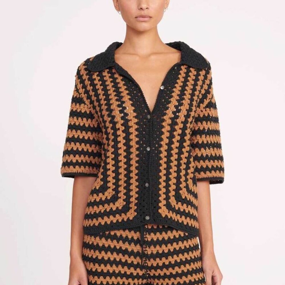 New Staud MABEL Black & Tan Knit Sweater Top Sz S Short Sleeve Seashore Stripe